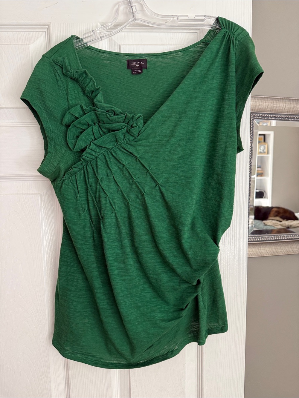 Anthropologie Emerald Green Ruffle-Trim Short Sleeve Top